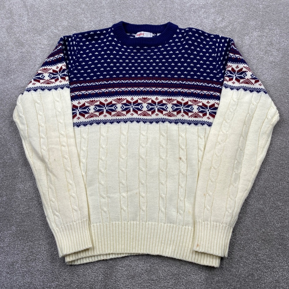 Astor One Sweater Mens XL Blue White Fair Isle Snowflake Cable Knit Vintage